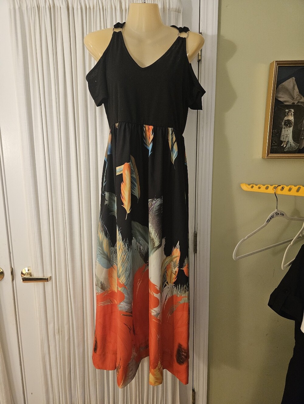 Cold-Shoulder Black Maxi Dress with Vibrant Floral Print